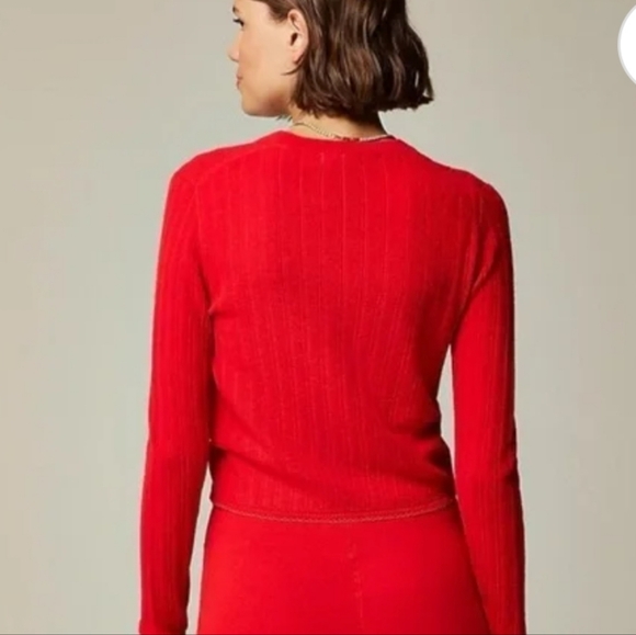 NWT J CREW Featherweight cashmere pointelle shrunken cardigan sweater red Sz L - Picture 11 of 11